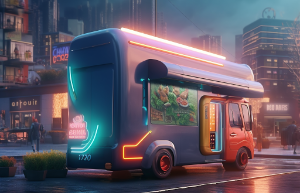 a pizza truck in the future is open for busienss.